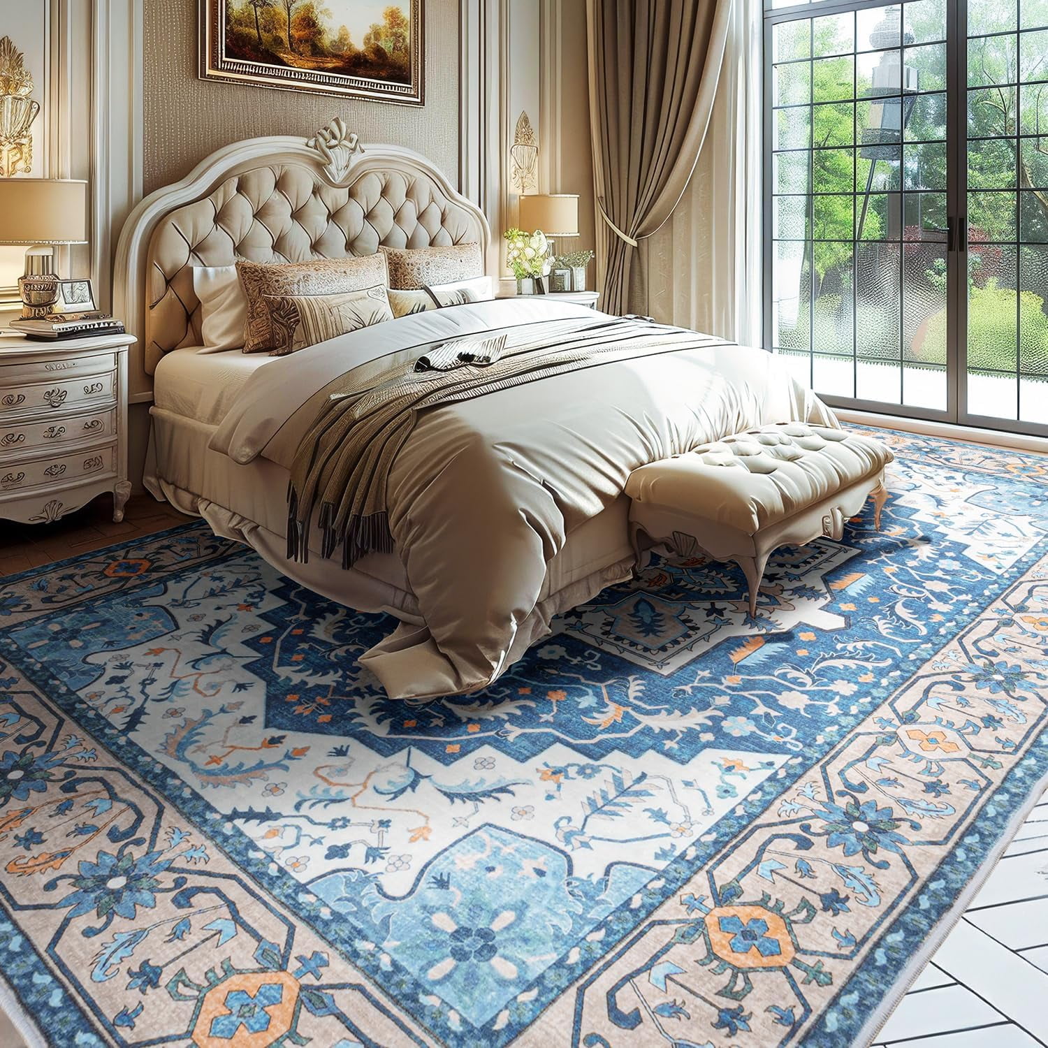 Reepow 8x10 Blue White Machine Washable Super Soft Faux-Wool Vintage Floral Boho Non-Slip Low Pile Area Rugs for Living Room Bedroom