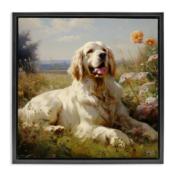 Stupell Industries Calm Golden Retriever Landscape Animals & Insects Painting Black Floater Framed Canvas Art Print Wall Art, 18 x 18