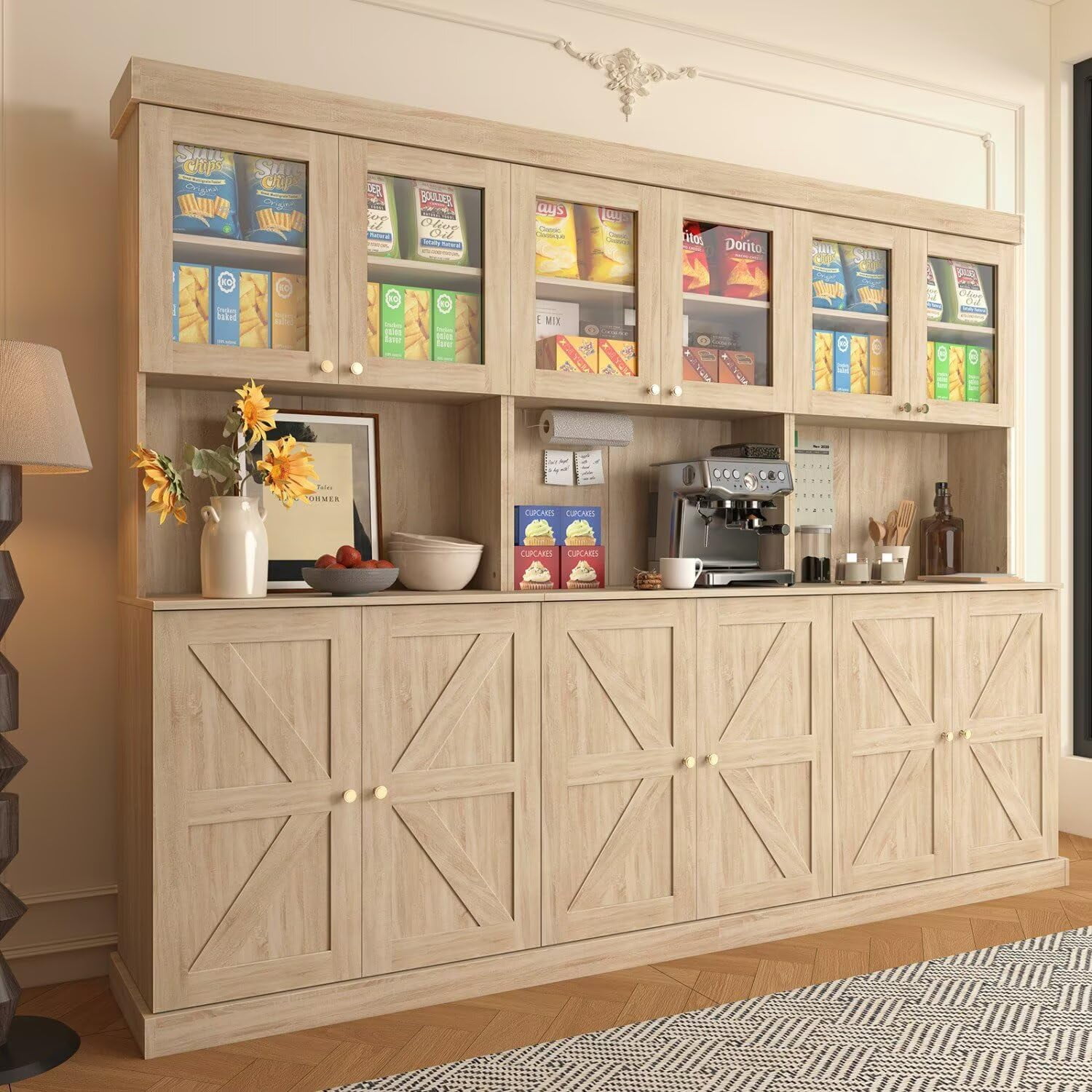 Farmhouse Pantry Cabinet 3-Piece Set, Brown, Glass Doors, Freestanding Microwave Stand, Storage Cabinet