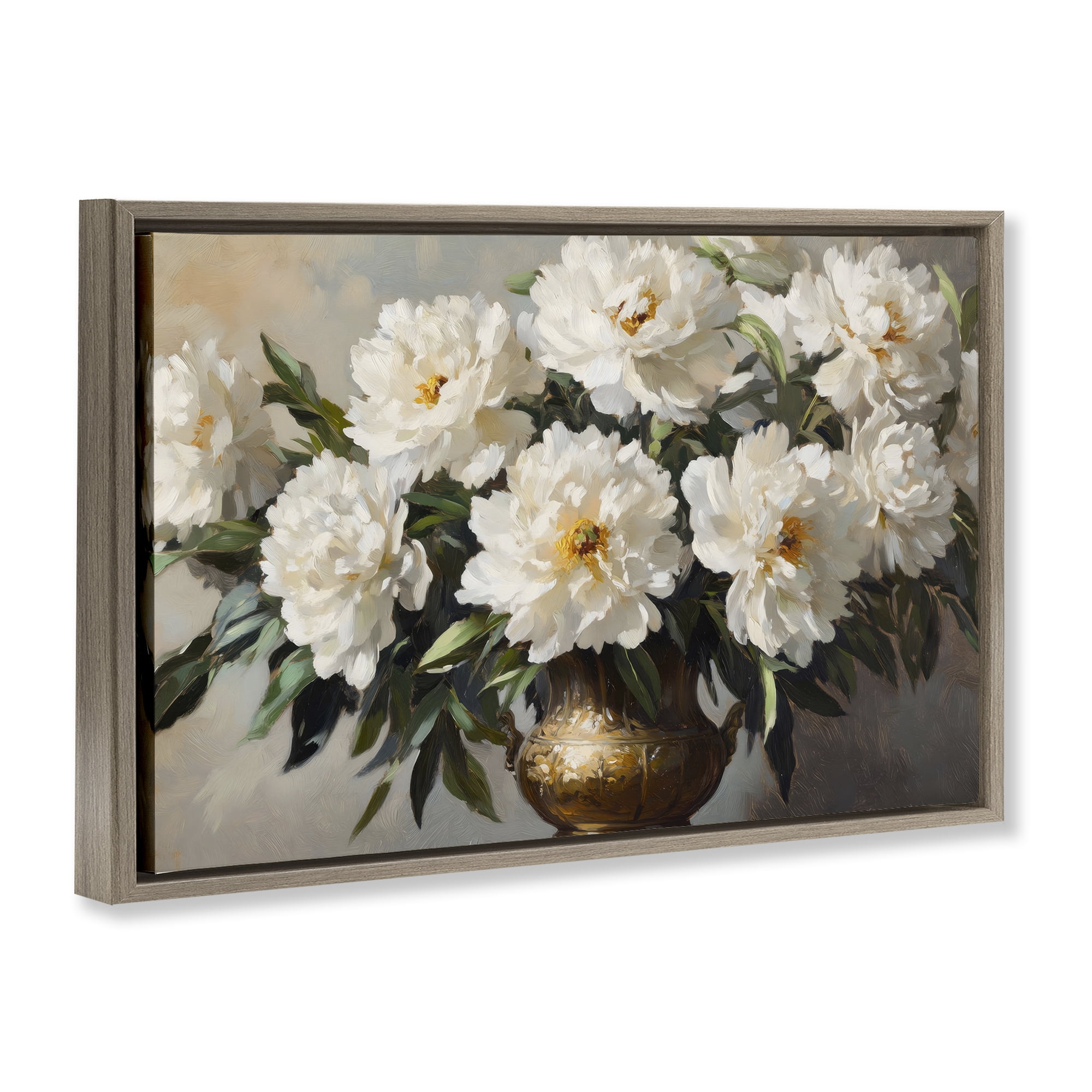 Stupell Industries Golden Vase with Peonies Brown Framed Floater Canvas Wall Art, design by Petal Prints Design