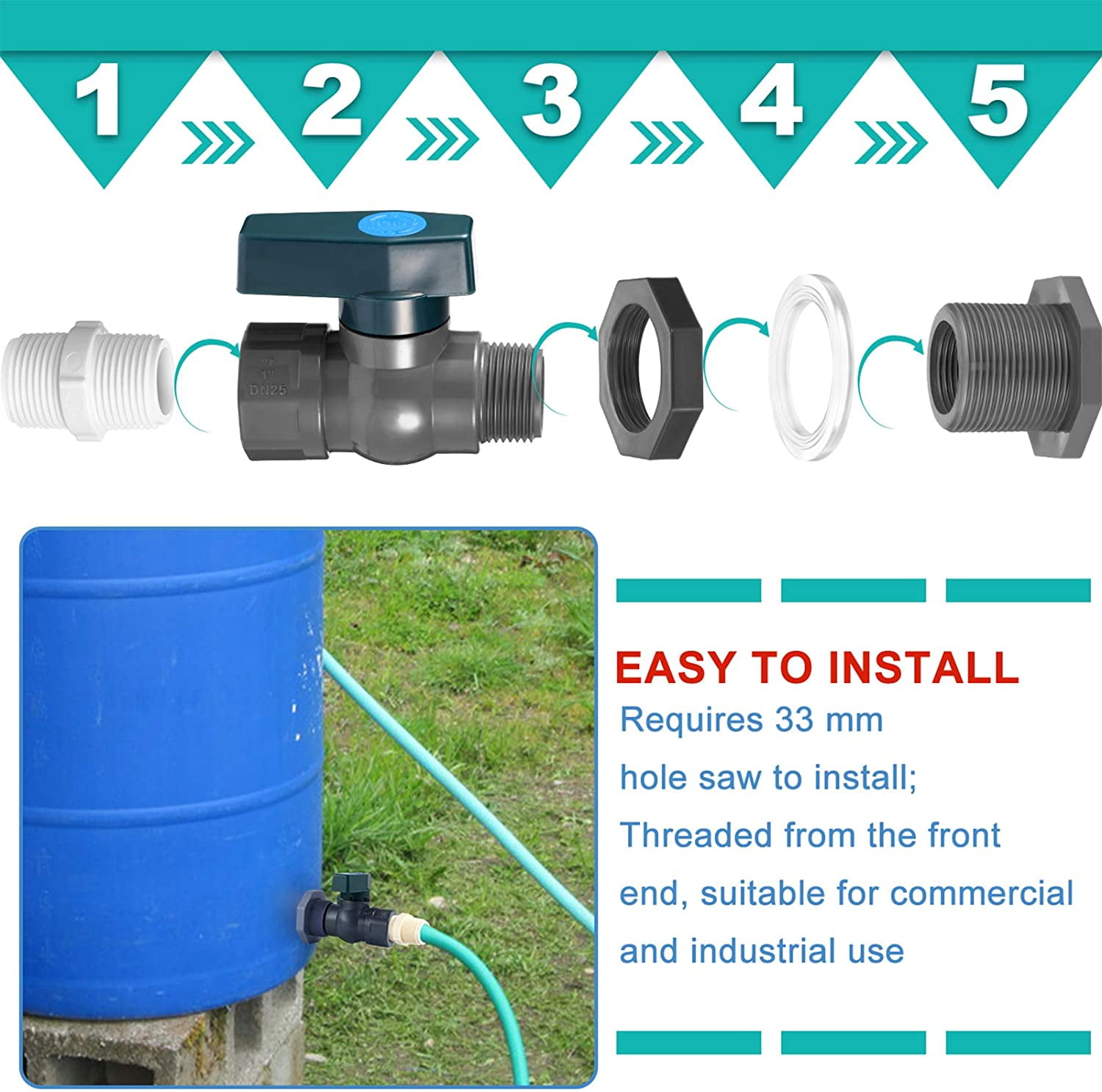 Rain Barrel WaterGarden Kit 3/4" PVC Ball Valve Bibb Spigot & Bulkhead Fitting 