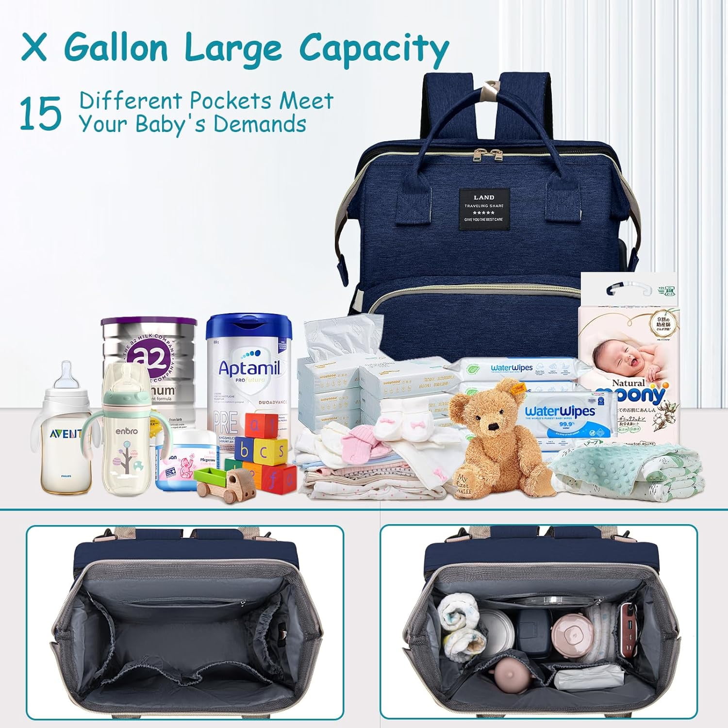 RSENFREMIOR Diaper Bag with Changing Station for Mom Dad, Large Capacity Travel Backpack with Stroller Straps ,3 in 1 Waterproof Foldable Changing Bag with Foldable Crib for Girls Boys