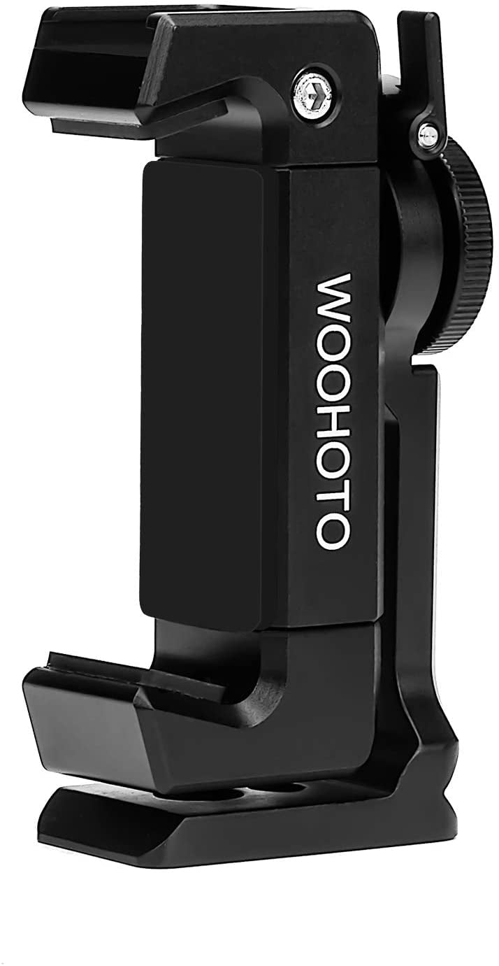 360 Rotated and Tilt Angles Version Woohoto Metal Phone Tripod Mount with Cold Shoe Cell Phone Clamp Holder,Video Rig Mount Compatible with iPhone Tripod Mount,Samsung Smartphone Clip Adapter