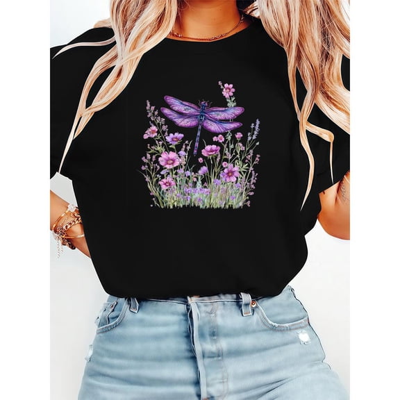 Women's Black Dragonfly and Wildflowers Graphic Tee, Boho Printed T-Shirt, Casual Oversized Top for Nature Enthusiasts & Boho Style Lovers