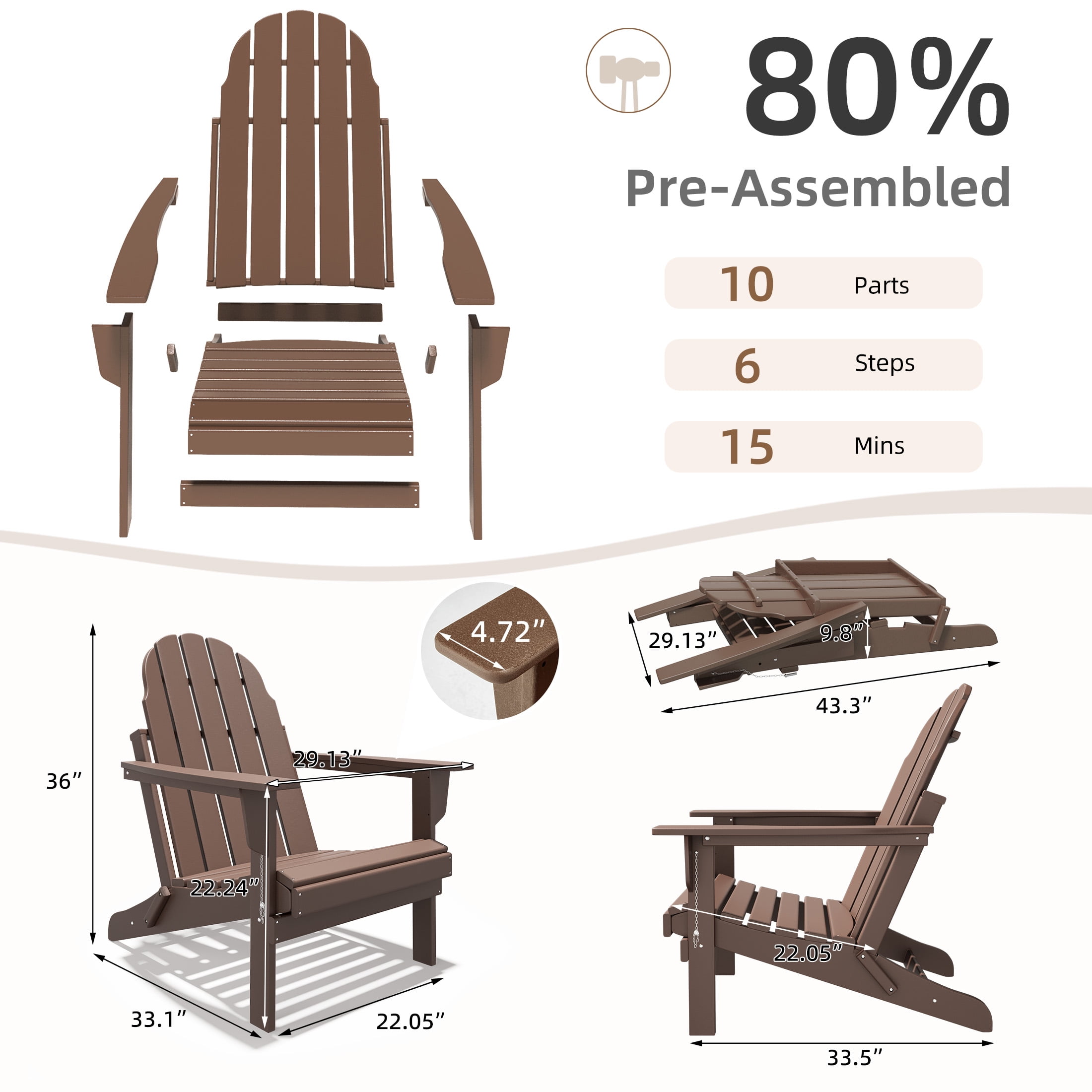 Erinnyees All-Weather Adirondack Chair,Folding Adirondack Outdoor Chair with Wooden Textured for Patio,Garden,Backyard and Lawn,Teak