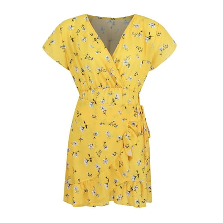 

Inkach Womens Waist Drawstring V-Neck Print Short-Sleeve Dress