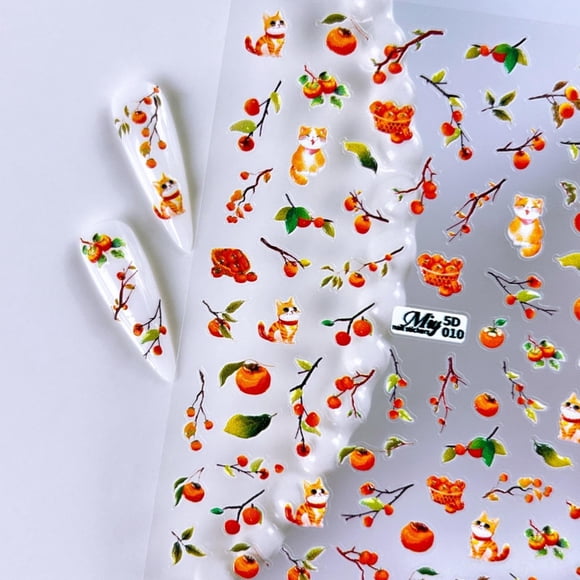Pegatinas para uñas Maigitur 5D en relieve con gato y frutas de otoño