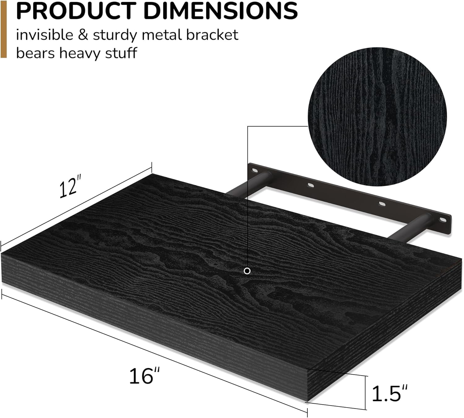 Floating Shelves - 2 Pack 12 Inch Deep Rustic Wooden Wall Shelves - Extra Deeper & Thicker Wall Mounted Storage Shelf for Kitchen, Farmhouse - 16" W x 12" D x 1.5" H - Rustic Black