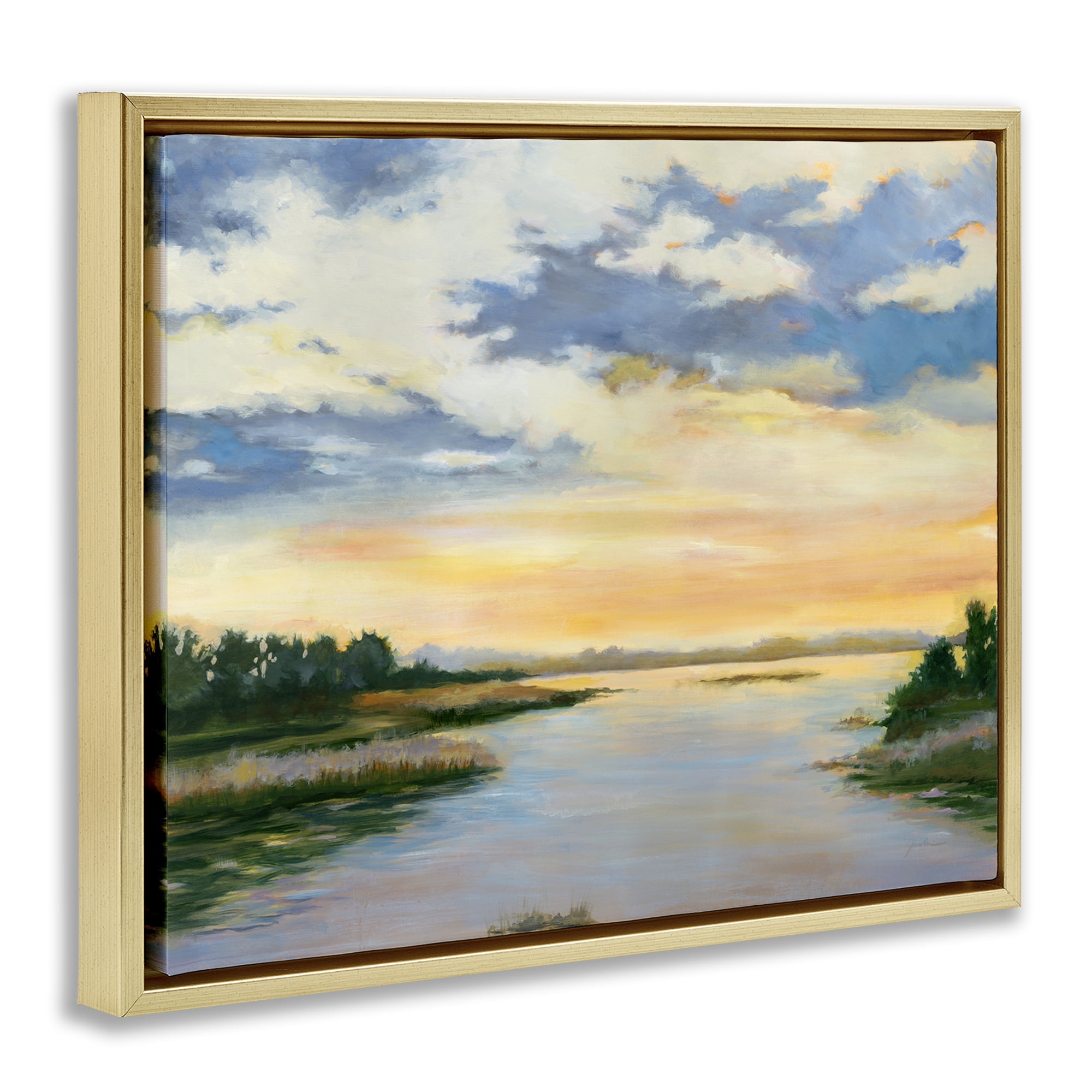 Stupell Industries Sunrise Over Shallow Water Landscape & Nature Painting Gold Floater Framed Canvas Art Print Wall Art, 21 x 17