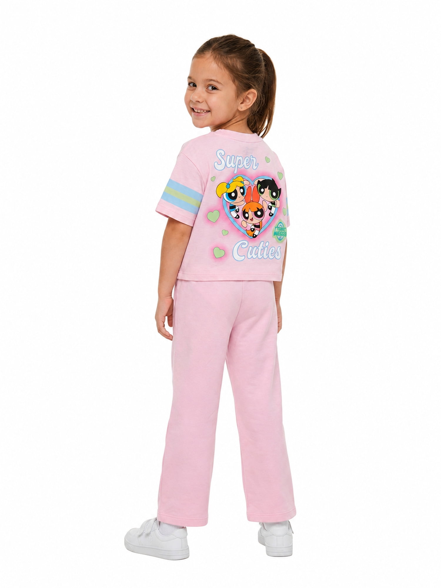 Powerpuff Girls Girls' Athletic Front & Back T-shirt with Embroidery & Straight Leg Fleece Pants, 2-Piece, Sizes 4-16