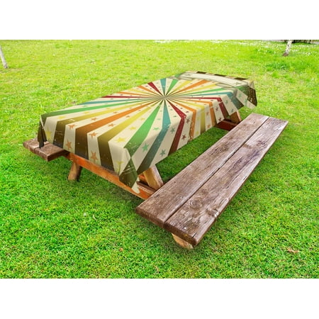 

Vintage Rainbow Outdoor Tablecloth Carnival Advertisement Themed Colorful Lines and Stars Grunge Background Decorative Washable Fabric Picnic Table Cloth 58 X 84 Inches Multicolor by Ambesonne