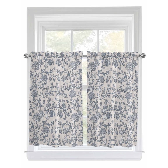 Farmhouse Blue Floral Tier Curtains 45 Inches Long, Vintage Botanical Leaves Burlap Window Treatment Curtain Drapes, Window Half Privacy Curtains for Bedroom Bathroom, 42"x45", 2 Panels