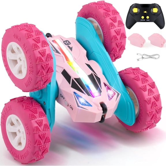 Threeking Pink Remote Control Flip Stunt Car Double Sided Driving for Girls | Quick-Swap Modular Battery Durable RC Cars with Auto Demo Breathing Soft Lights Gifts Ages 6-12