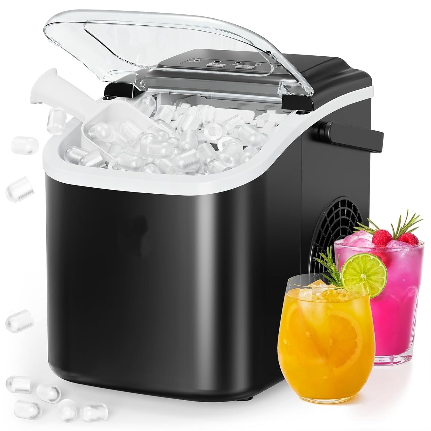 Portable Ice Makers Countertop, 8 Cubes in 6 Mins, 26lbs/Day, Bullet Ice Maker Machine with 2 Ice Sizes, Self-Cleaning Ice Maker with Carry Handle for Home/Kitchen/Party/Travel
