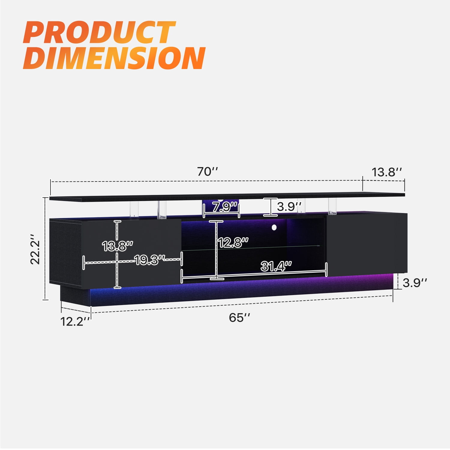 Sonegra 70” High-Glossy TV Stand with 2 Side Cabinets, Modern Stylish TV Console with 3 Layer LED Lights,Gaming TV Media Console with Adjustable Glass Shelf, Black