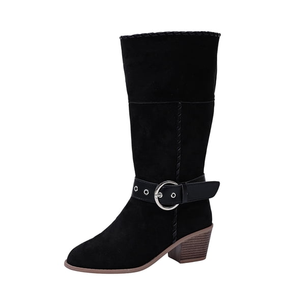 Y-086 Black Ladies Winter Western Boots Belt Buckle Detail Block Heel Furry Lined Mid Calf Comfy Casual Footwear