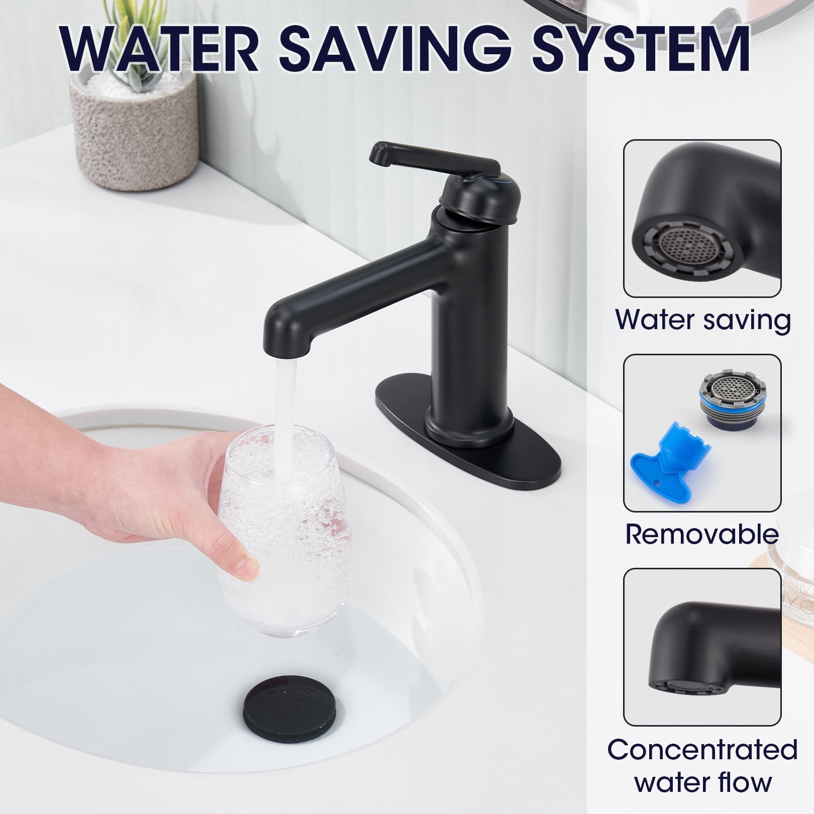 Wowkk Bathroom Sink Faucets Solid Brass Single Handle Bathroom Faucets with Deck Mount 1 Hole or 3 Hole and Supply Line, Straight Spout Vanity Faucet for RV Restroom Hotel, Matte Black