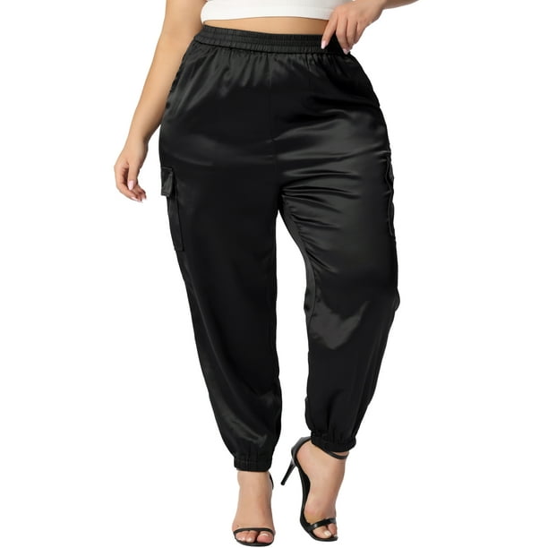 Pantalones cargo de satén para mujer de tallas grandes Agnes Orinda con cintura elástica y bolsillos, longitud hasta el tobillo, 2X, negro