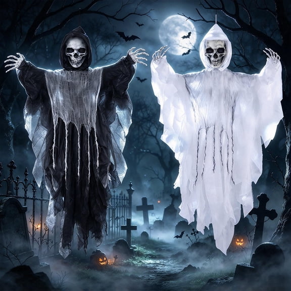 SINKOO 2PCS Halloween Hanging Skeleton for Halloween Outdoor Decor, 48" Scary Flying Grim Reapers for Outside Yard Lawn Roof, Haunted House Prop