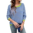 thumbnail image 3 of Womens Sweaters Long Sleeve Crew Neck Color Block Striped Casual Knitted Pullover Tops Blue S, 3 of 8
