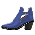 thumbnail image 2 of YDN Women Studded Mid Chunky Heeled Ankle Booties Pumps Closed Almond Toe Short Combat Boots Buckle Strap Cutout Shoes Size 8.5 Blue, 2 of 5