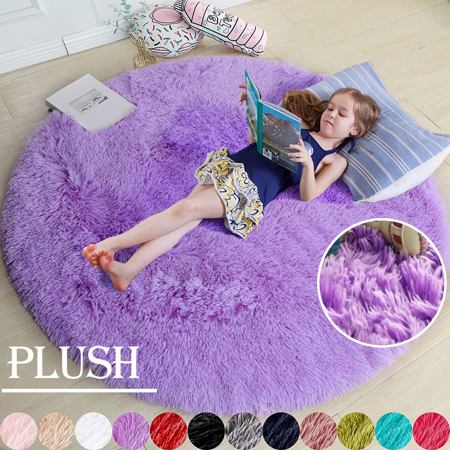 Homore 6'x6' Round Rug for Girls Bedroom,Fluffy Circle Carpet for Kids