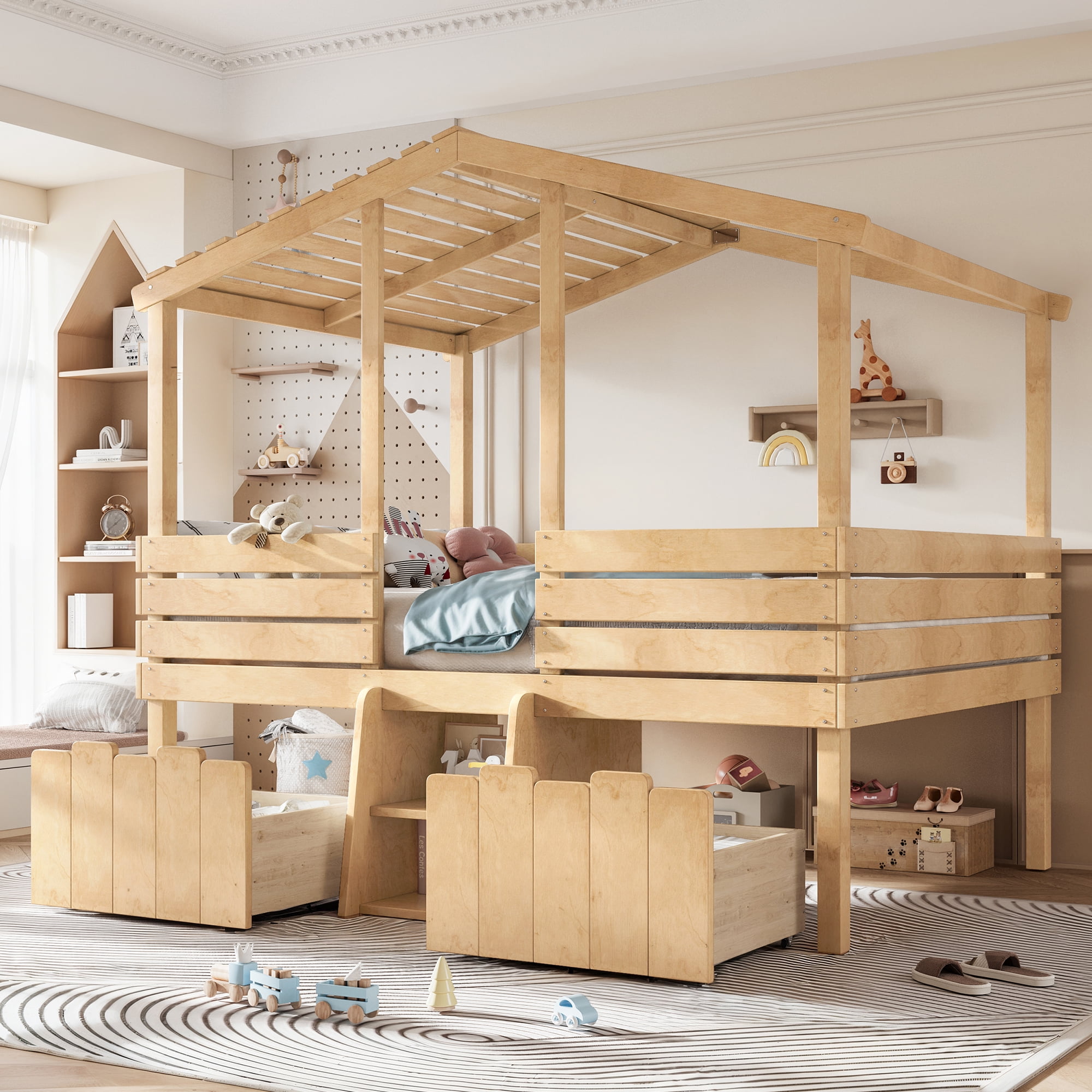 HOQBN House Loft Bed Full Size,Low Loft Bed with Stairs and 2 Big Storage Drawers,Farmhouse Style Bed Frame with House Shaped Roof,Natural