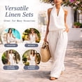 thumbnail image 5 of Linen Sets for Women 2 Piece,Sleeveless V Neck Halter Top Matching Baggy Wide Leg Pants Set, Summer Casual Lounge Outfit, 5 of 7