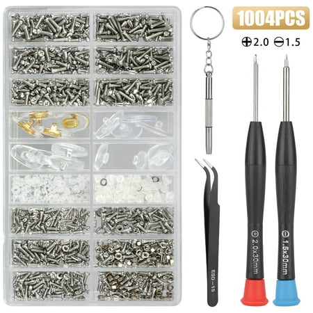 TSV 1004 pcs Eyeglass Sunglass Repair Kit, 1000 pcs Precision Glasses Screws Nut Nose Pads Tool Set, 1pcs Tweezer, 3pcs Screwdrivers Stainless Steel Screws, for Spectacles Watch Clock