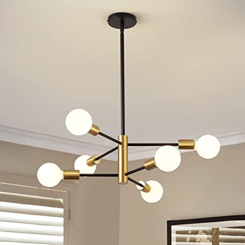 Ruiyey Modern Chandeliers For Dining Room Black And Gold Chandelier Ceiling Light Fixture 6-Light Sputnik Chandeliers Mid Century Chandeliers For Living Room Kitchen Island Bedroom Foyer