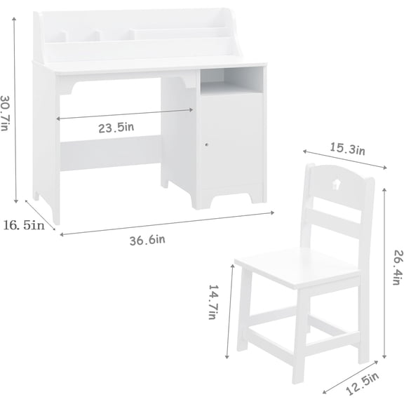 Acekid Desk And Chair Set For 3-12 Year Old Wooden School Learning Table With Storage Hutch And Bulletin Board Computer Study Table With Chair Small Desk For Home School White