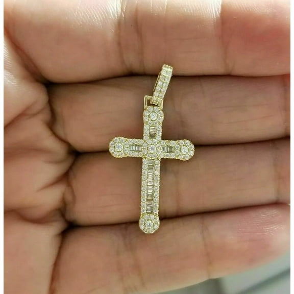 2.00Ct Round Cut VVS1/D Diamond Cross Pendant 14K Yellow Gold Finish Free Chain