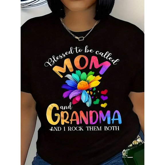 【New Arrival】Blessed To Be Called Mom And Grandma Rainbow Flower Graphic T-Shirt, Women Family Grandma Casual Short Sleeve Tee