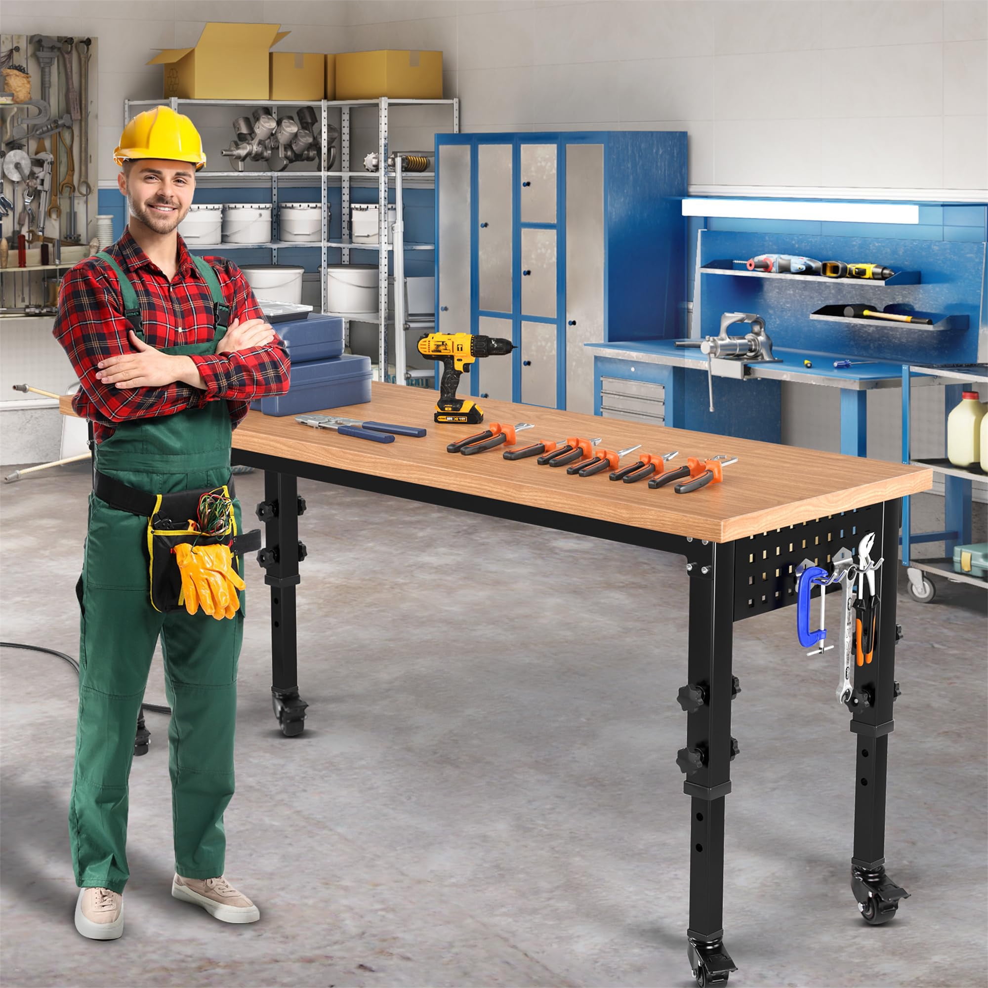 Aukfa 60" Adjustable Workbench, 2 in1 Heavy-Duty Rolling Worktable with USB for Garage, Shop, Office