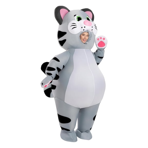 Inflatable Cat Costume For Adults, Funny Full Body Blow Up Tabby Cat Suit With Fan, Cute Gray Kitty Halloween Cosplay Party Outfit For Women Men – One Size Fits Most,Height 4'11"-6'3",Cat