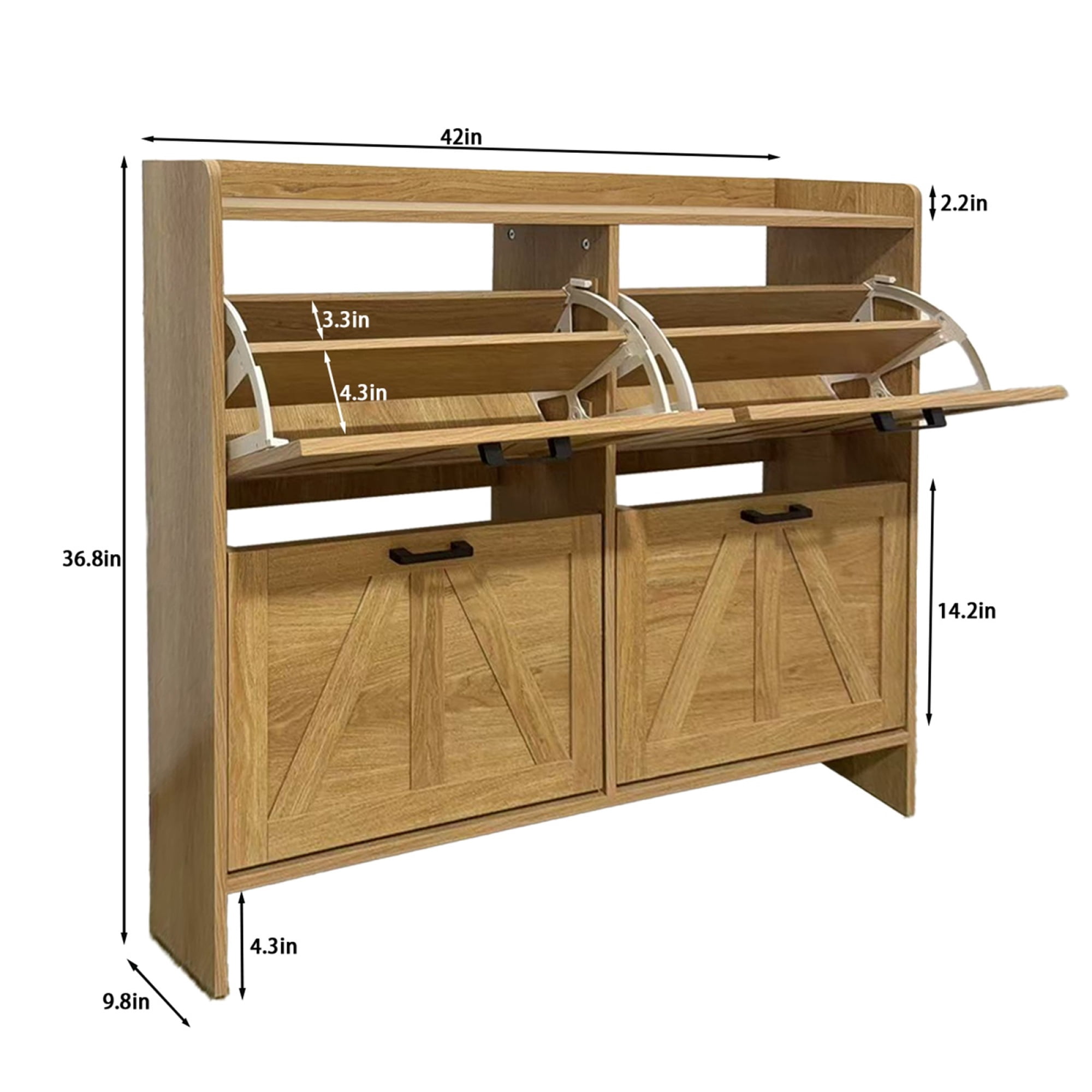 Leumius Modern Fence Shoe Cabinet with 4 Flip Drawers, Sleek Space-Saving Entryway Organizer for Living Room Oak