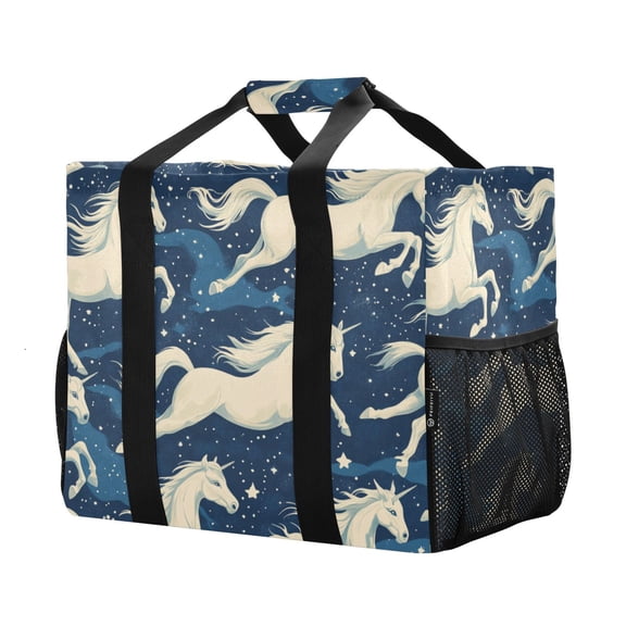 YAZAOO Mesh Beach Bags Totes Foldable Multiple Pockets Creatively Galloping Unicorns Printed