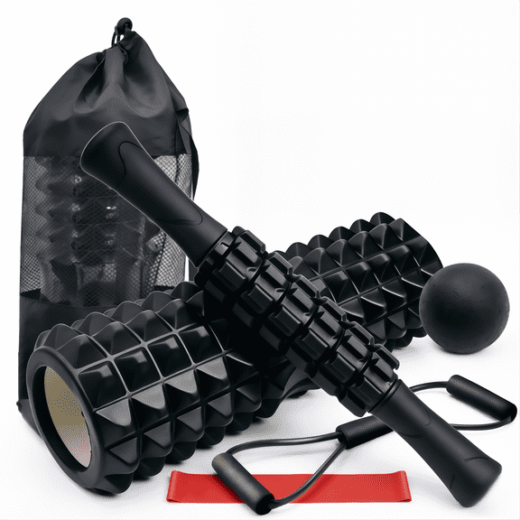 6 in1 Black Foam Roller Set with Massage Roller, Massage Ball, Chest Expander,and Resistance Band