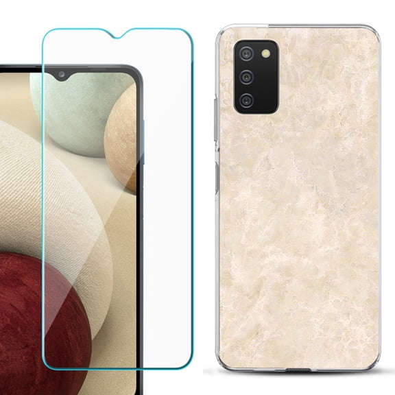 Slim-Fit TPU Fashion Phone Case for Samsung Galaxy A03s, with Tempered Glass Screen Protector, by OneToughShield ® - Marble / Latte
