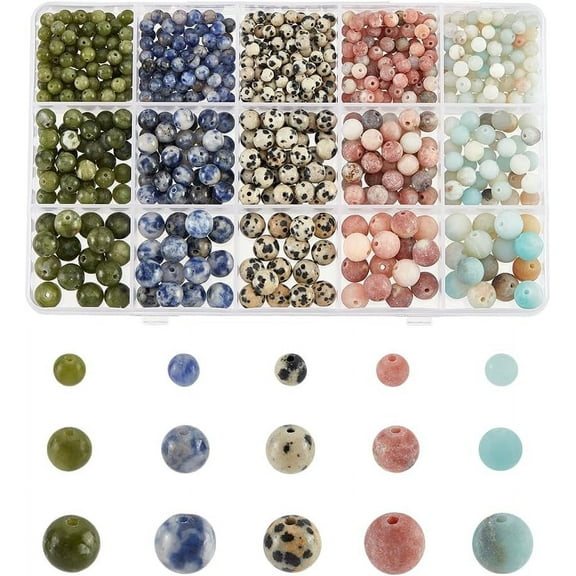 600 Pcs 15 Styles Natural Round Gemstone Beads 4mm 6mm 8mm Round Stone Loose Beads Multicolored Natural Beads for Bracelet Necklace Earrings Jewelry Making for DIY