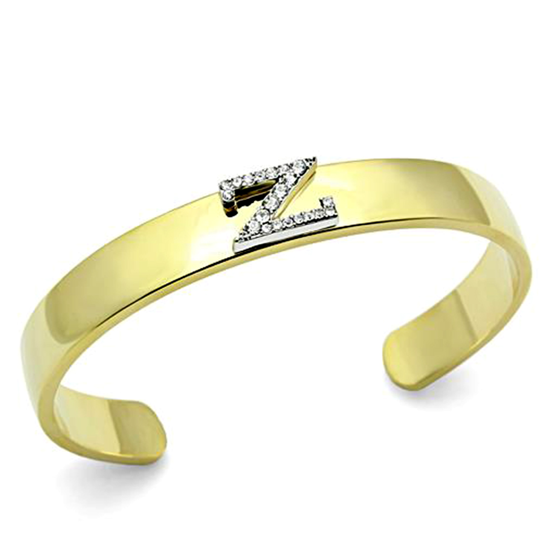 Two Tone Gold & Silver Bangle Cuff Bracelet, Letter "Z" in Top Grade Crystal