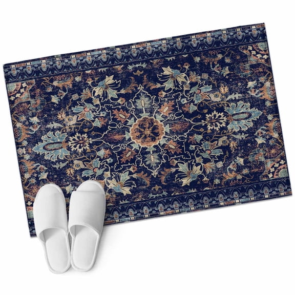 Navy Blue Boho Bathroom Mat 2x3 FT, Non Slip Small Kitchen Mat, Abstract Art Ethnic Vintage Geometric Washable Soft Backed Front Door Throw Rug Non-Shedding Indoor Outdoor Doormat for Entryway Sink