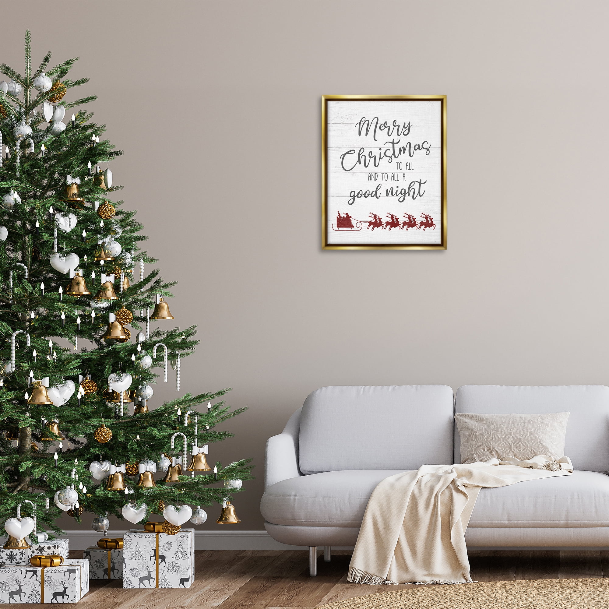Stupell Industries To All A Good Night Christmas Holiday Painting Gold Floater Framed Canvas Art Prints Wall Art, 25 x 31