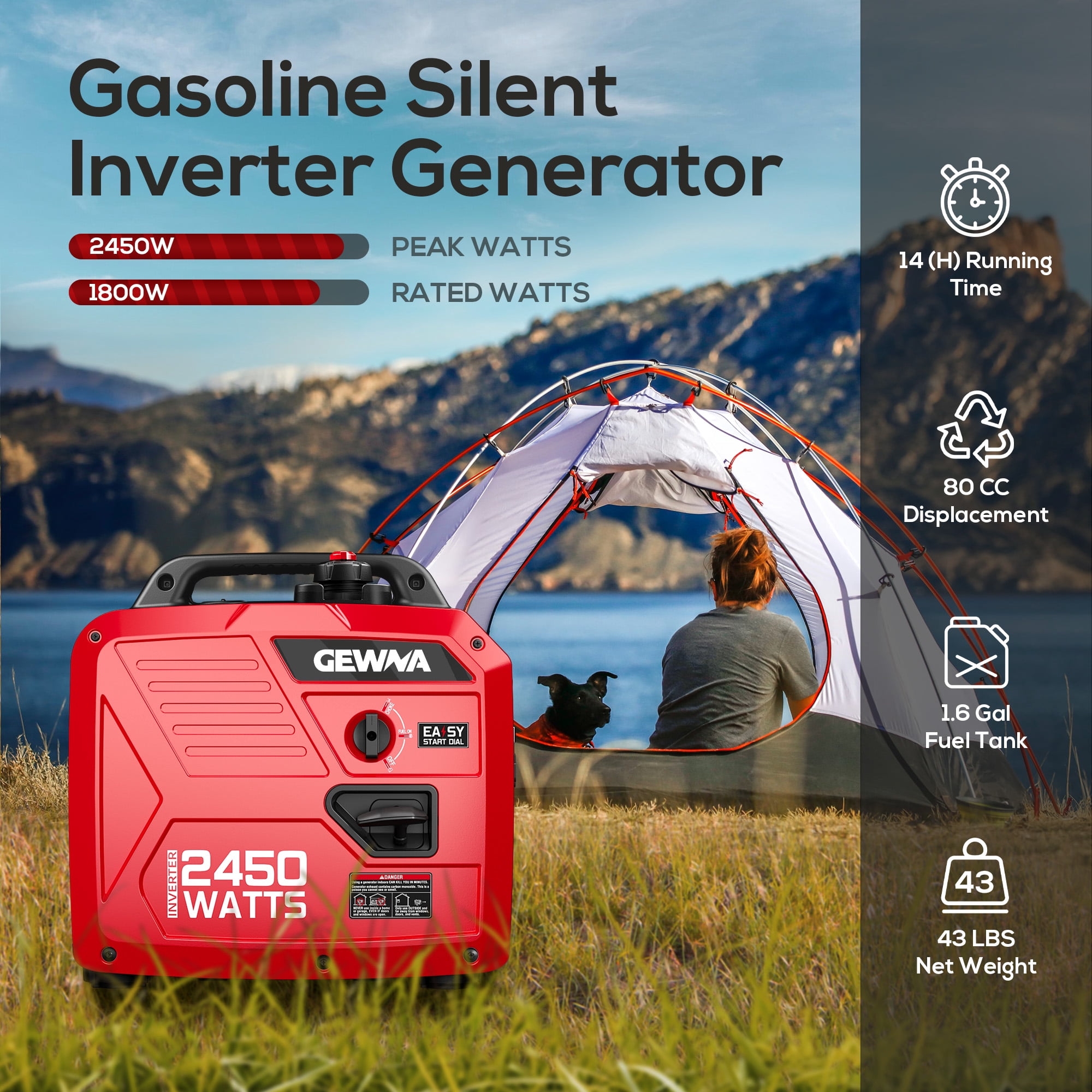 Gewna 2450W Portable Inverter Generator - Gas Powered,Ultra Quiet for RV, Camping, Home Backup,1.6 Gallon Large Fuel Tank Red