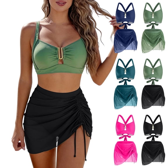 GEWSEY 2 Piece Bikini Set U-Wire Cutout Popular Swimsuit High Waisted Textured 2026 Summer Beach Swim Bathing Suits (Blue, XXL)