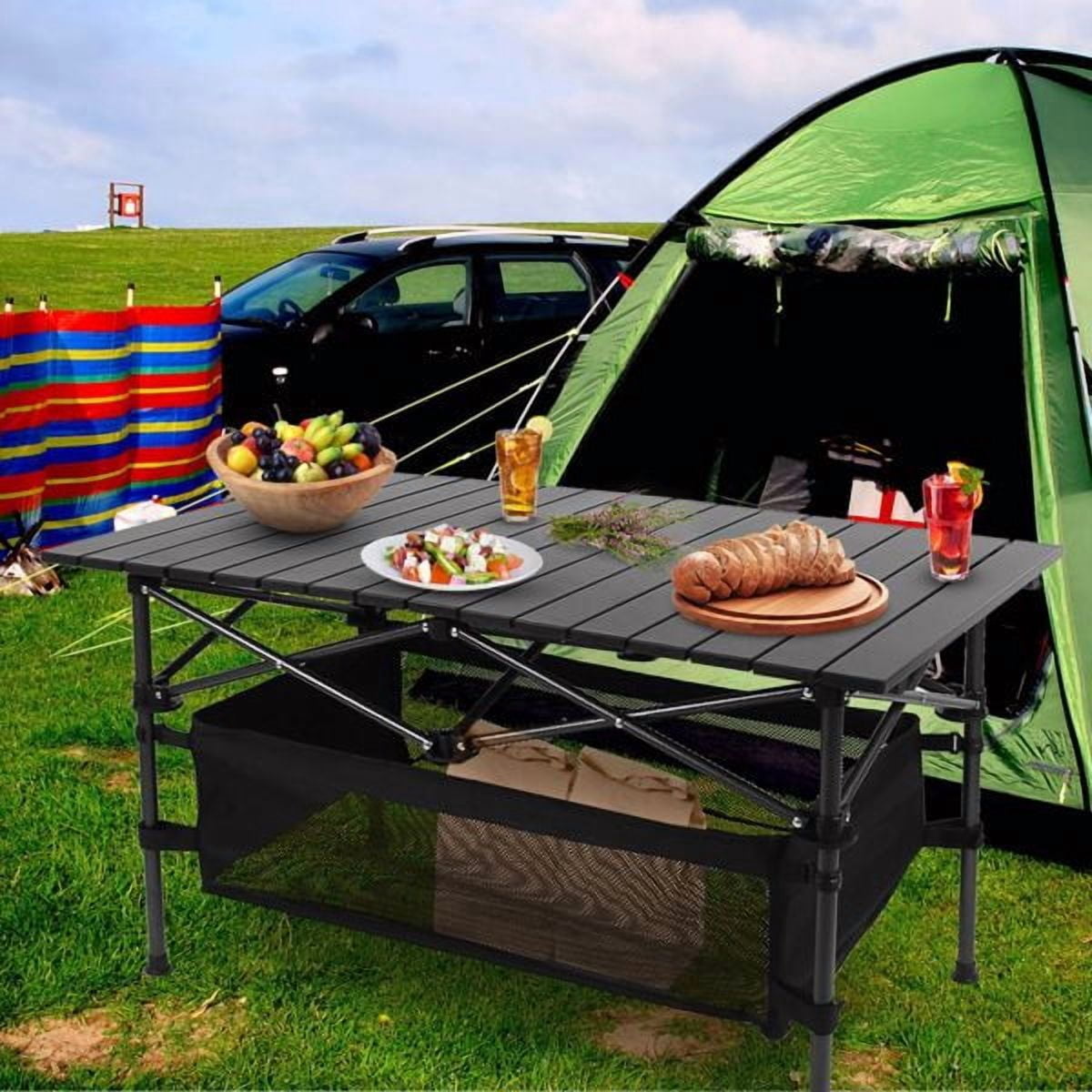 37.2" Folding Camping Table, Aluminum Top & Steel Frame, 220lb Capacity, Mesh Storage Basket, Carry Bag for Outdoor Dining, BBQ, Beach, Backyard