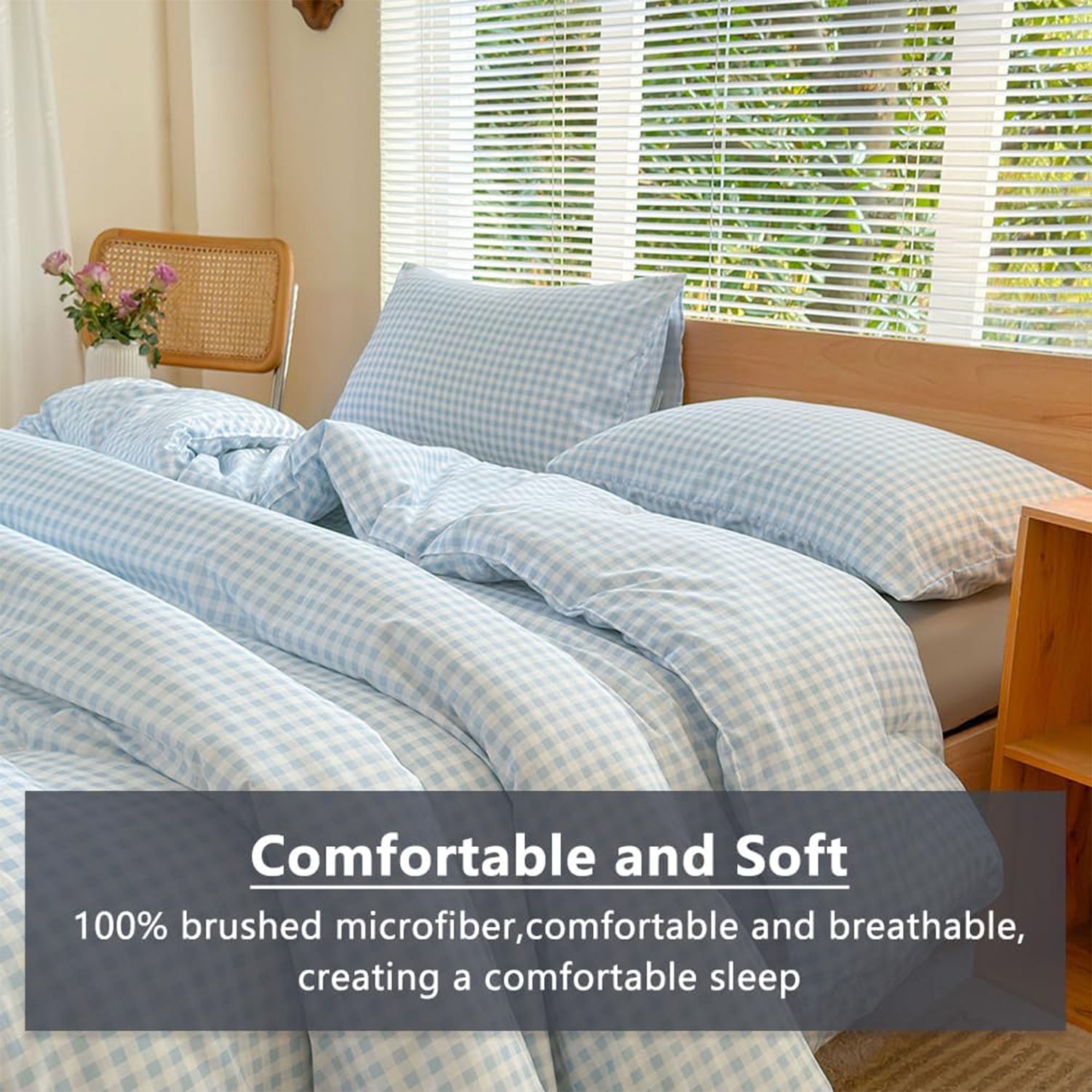 NSNLGSGC Light Blue Checkered Plaid King Comforter Set, 3-Piece Bedding Set