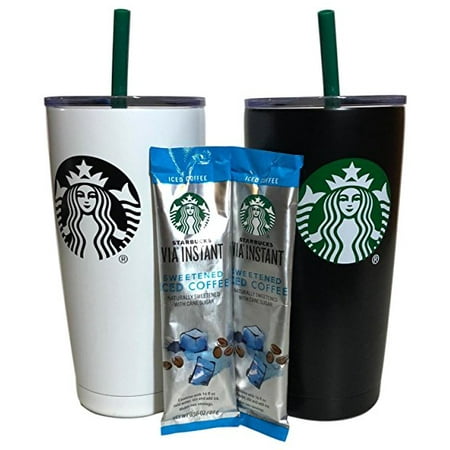Starbucks Holiday Tumbler Gift Set Bundle With VIA Instant Sweetened Iced Coffee Packets, Black & White (2