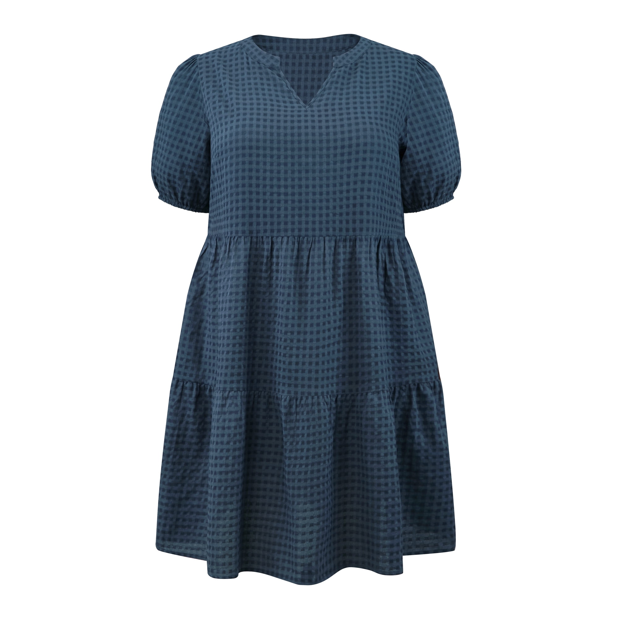 DARING DIVA Women's Plus Notch Neck Plaid Puff Sleeve Tiered Midi Dress 3X Navy Blue