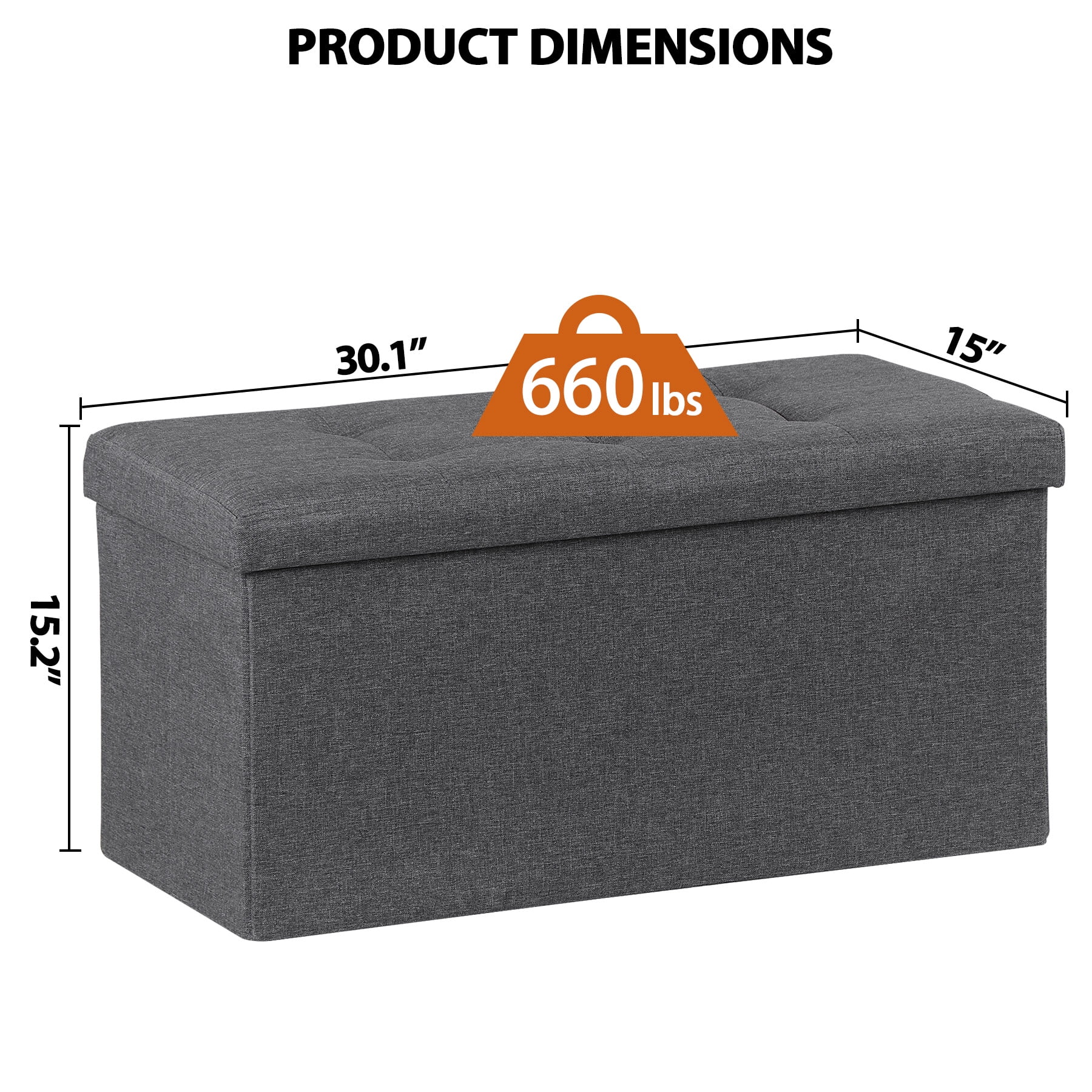 HomGarden 30'' Linen Storage Ottoman Bench Modern Foldable Footrest Padded Seat 660lbs Dark Gray